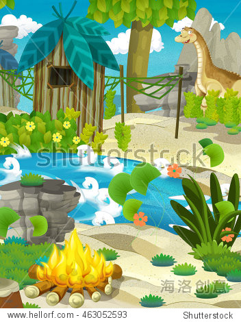 cartoon nature scene with primitive village - jungle - stream