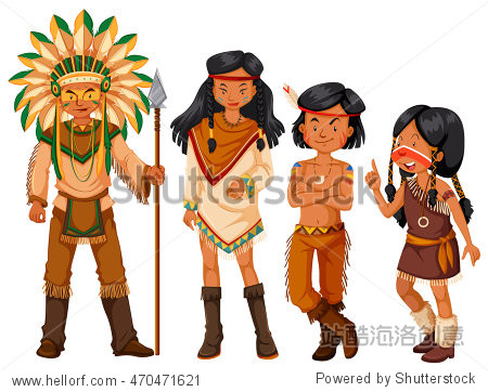group of native american indians in costume illustration