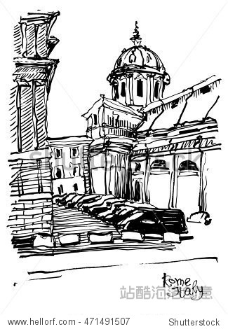 black and white sketch drawing of rome cityscape, italy old