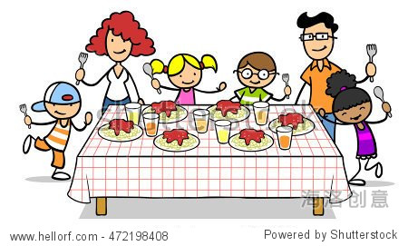 family and children around lunch table with spaghetti noodles