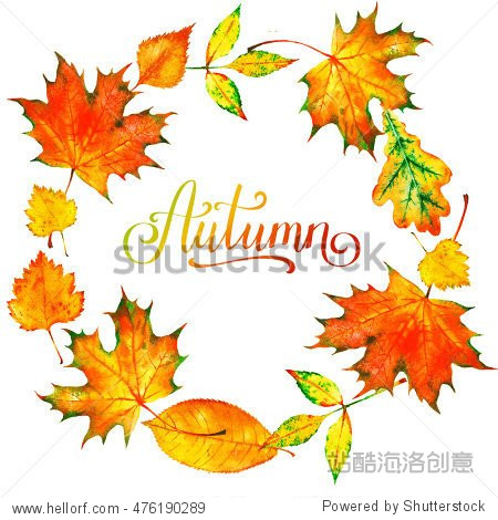 Wreath of autumn watercolor leaves. Background with hand paint autumn leaves. Fall of the leaves. Sketch design elements.