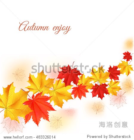 Autumn orange red yellow maple leaves in curved line on white background. Cartoon vector illustration. Concept for autumn seasonal sale autumn congratulations banner poster or card.