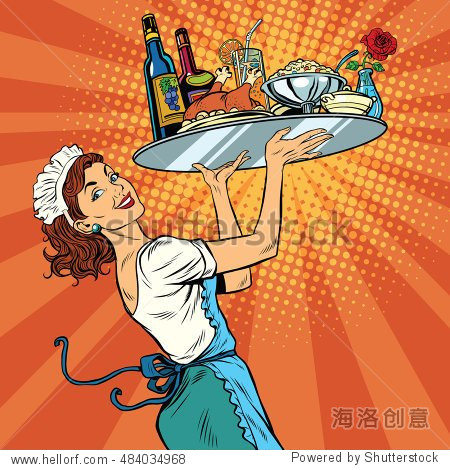 beautiful young woman waitress in a restaurant pop art retro