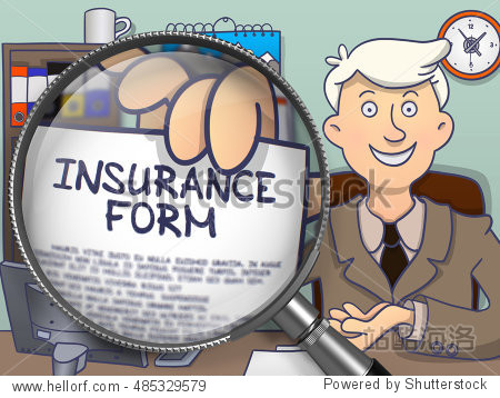 insurance form on paper in mans hand through magnifier to