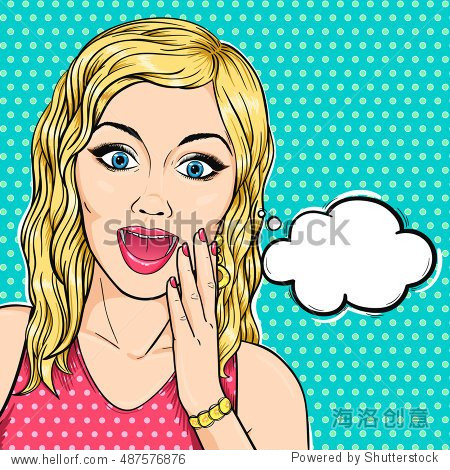 excited blonde woman face with open mouth and thought bubble in