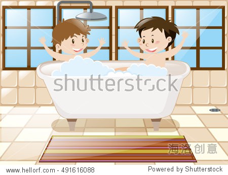 two boys taking bath together in tub illustration