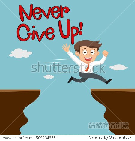 businessmanacrossthecliffwithwordnevergiveupvectorillustration