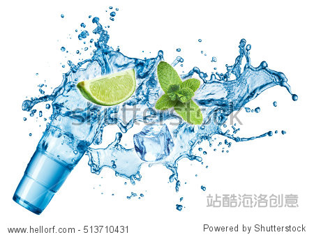 ice cubes, mint leaves, water splash, lime and glass on a white