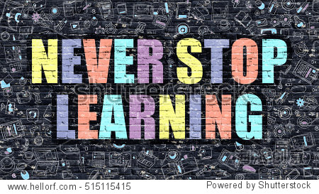 multicolor inscription on dark brick wall with doodle icons.