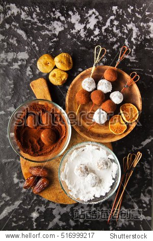 healthy vegan energy sweet candies, bites of dried: figs,dates