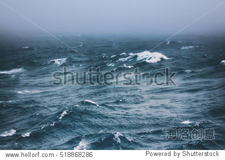 Melting of the ice caps at North pole leads to overheating of water in summer and stormy weather: turbulent waves of Arctic ocean (offing).