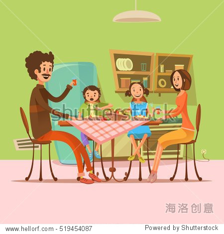 family having meal in the kitchen with fridge an