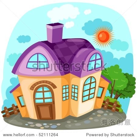 illustration of isolated cartoon house with tree - 站酷海洛正版