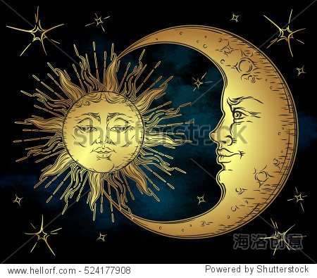 antique style hand drawn art golden sun, crescent moon and stars