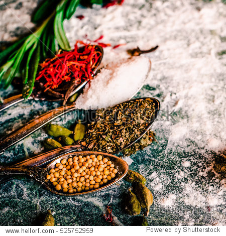 food spice seasoning ingredients for cooking in cuisine on white