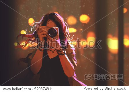 painting of woman with camera on night city background illustration