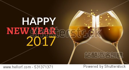 New Year eve 2017. Holiday illustration of two wine glasses. Drink luxury celebration of new year. party alcohol decoration.