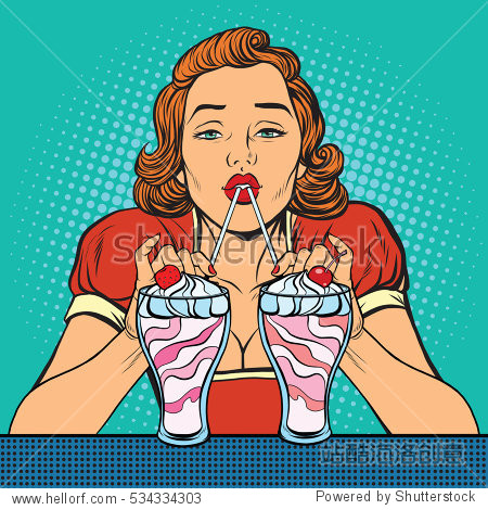 woman drinking milkshake ice cream, pop art retro illustration.