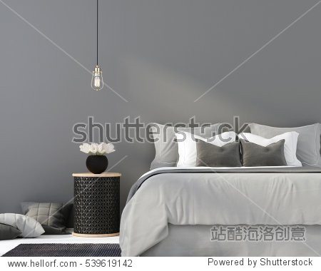 3D illustration. The interior of gray bedroom with a wooden table