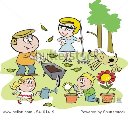 cartoon of smiling family group working in garden.