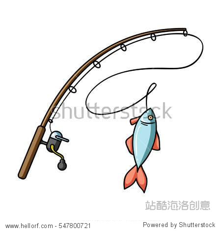 fishing rod and fish icon in cartoon style isolated on white