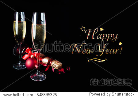 Two glasses of champagne over blur spots lights background. Celebration concept free space for text