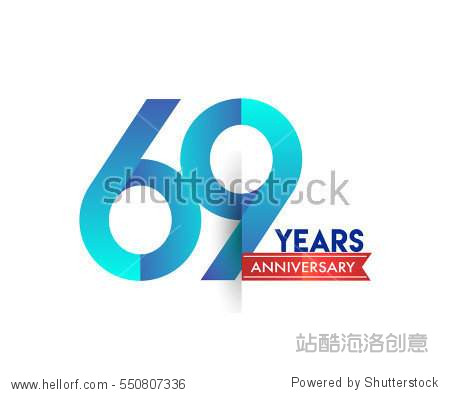 sixty nine years anniversary celebration logotype blue colored with red ribbon  69th birthday logo on white background