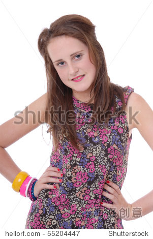 pretty teenage girl in flowery dress isolated