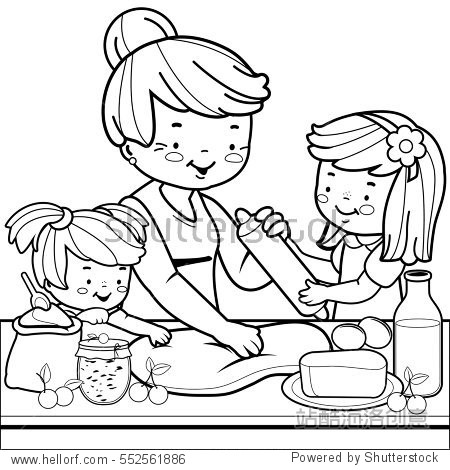 grandmother and children cooking in the kitchen.