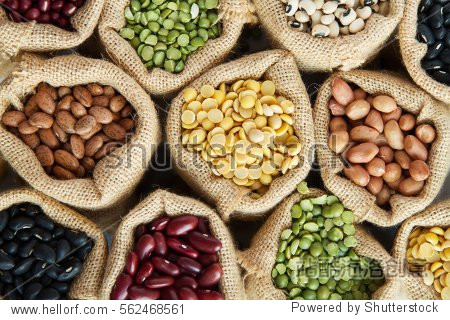 various of legumes seed in linen fabric bag top view