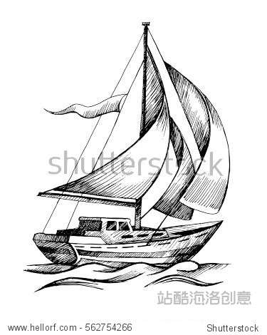sailing boat vector hand drawn sketch isolated with waves.