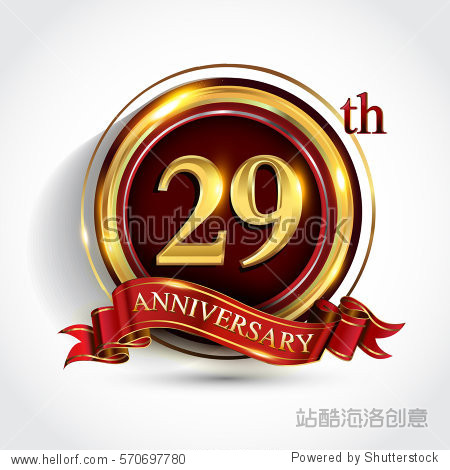 29th golden anniversary logo  twenty nine years birthday celebration with ring and red ribbon isolated on white background