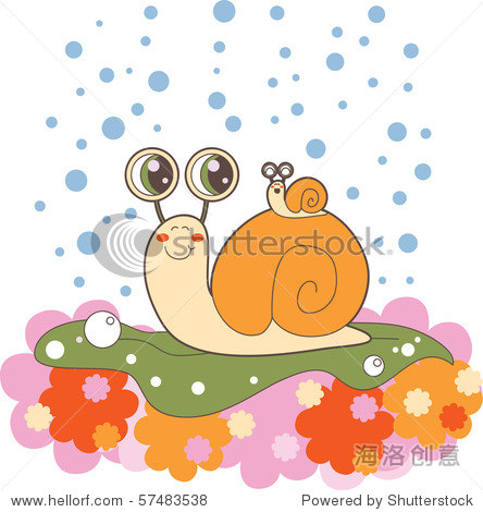 可爱的蜗牛家庭户外爬上生菜叶子在雨中