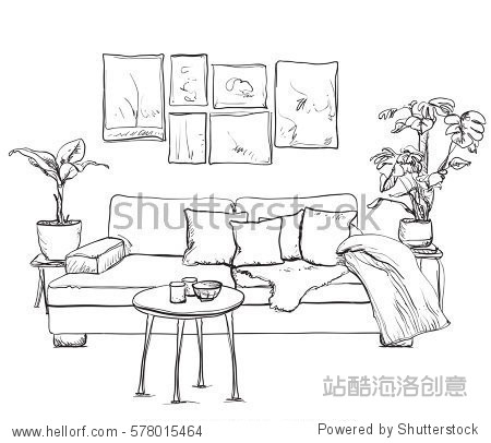 room interior sketch. hand drawn sofa and furniture.