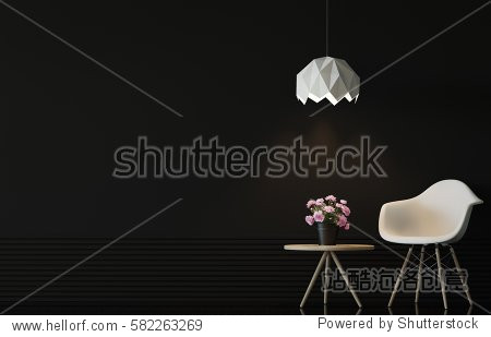 Modern living room interior with black wall 3d rendering image.There are minimalist style Empty black wall white chair and wood desk