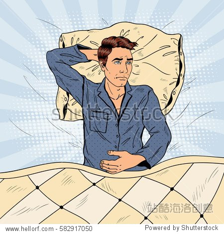 pop art man in bed suffering insomnia and sleeplessness.