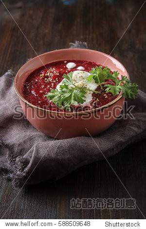 traditional beetroot soup in a pink plate with temyan, sour