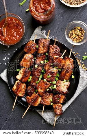 homemade grilled pork skewers top view flat lay