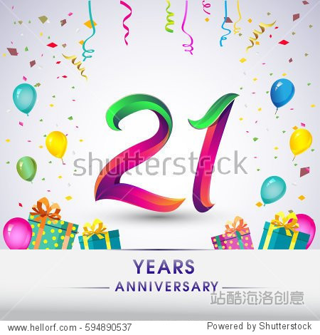 21st Anniversary Celebration Design  with gift box  balloons and confetti  Colorful Vector template elements for your  twenty one years birthday celebration party.