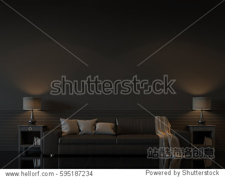 Modern living room interior with empty black wall 3d rendering image.There are minimalist style decorate room with black furniture floor wall