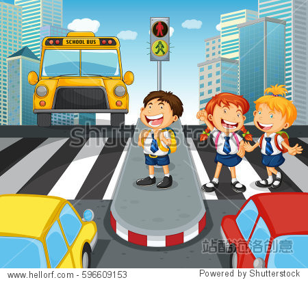 school children crossing street in city illustration