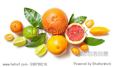 various citrus fruits isolated on white background top view