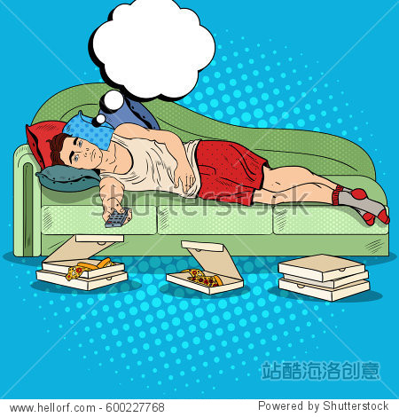pop art lazy man lying on sofa and watching tv with pizza.