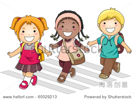 a small group of students crossing the street - vector