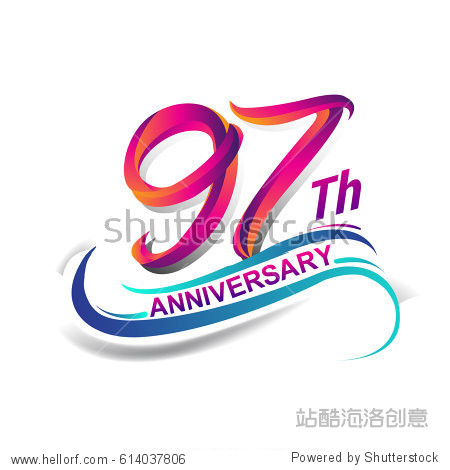 97th anniversary celebration logotype blue and red colored. ninety seven years birthday logo on white background.