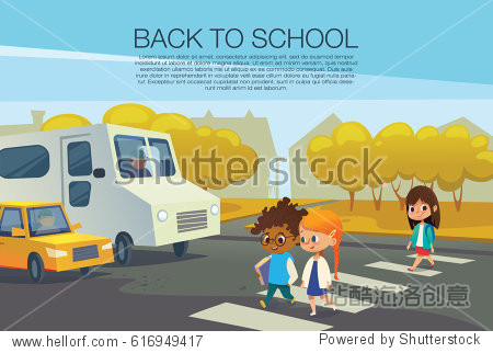 kids walking across pedestrian crossing in front of stopped