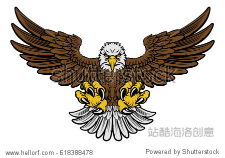 cartoon bald american eagle mascot swooping with claws out and