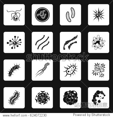 virus bacteria icons set in white squares on black background