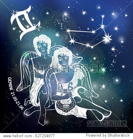 gemini zodiac sign.twin horoscope constellation stars.
