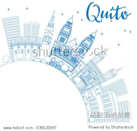 Outline Quito Skyline with Blue Buildings and Copy Space. Vector Illustration. Business Travel and Tourism Concept with Historic Architecture. Image for Presentation Banner Placard and Web Site.